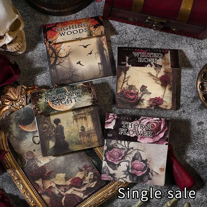 Random Vintage Flower & Moon Pattern Decorative Paper, 50pcs/set Retro Background Paper, DIY Decorative Supplies for Scrapbooking & Journal Making