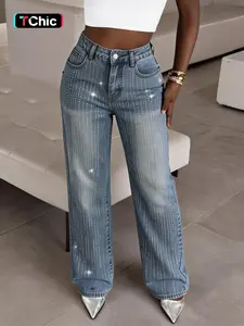 Women's Trendy New Denim Rhinestone Straight Leg Elegant Wide Leg Soft Comfortable Fashion Long Pants, All Seasons Fitted Plain Style