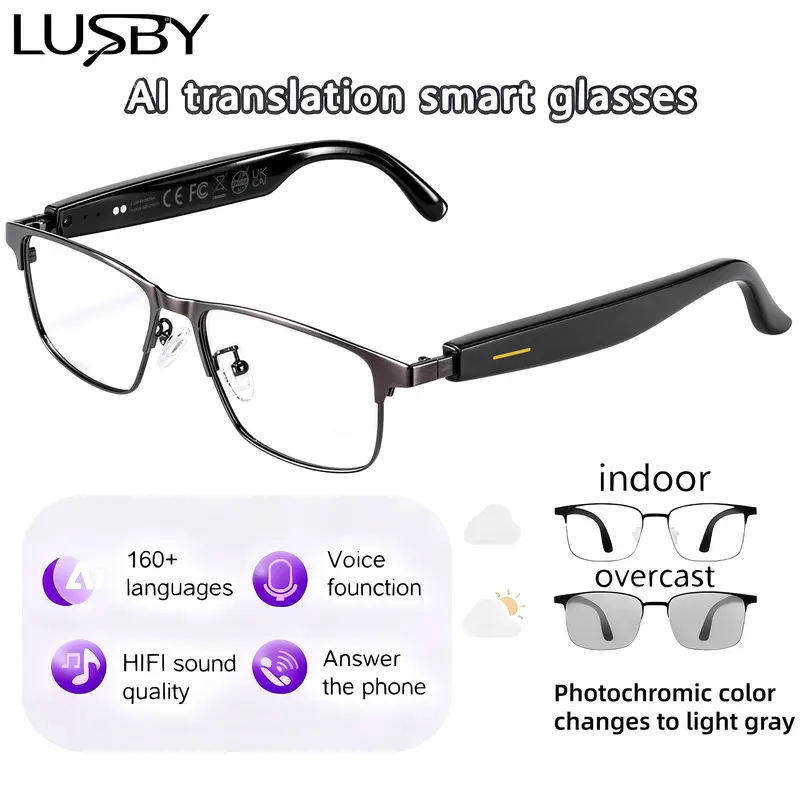 LUSBY AI Smart Glasses - Wearable Semi-Rimless Device with 164-Language Real-Time Translation, Open-Ear HD Audio, Wireless Calls, Bluetooth Music, Stylish Photochromic Lenses, Hands-Free Lightweight Comfort for Casual, Fitness Use, Unique Gifts for Man