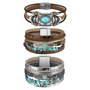 3PCS Western Jewelry for Women Turquoise Bracelet Native American Jewelry Western Gift for Women Silver Bohemian Turquoise Cuff Bracelets