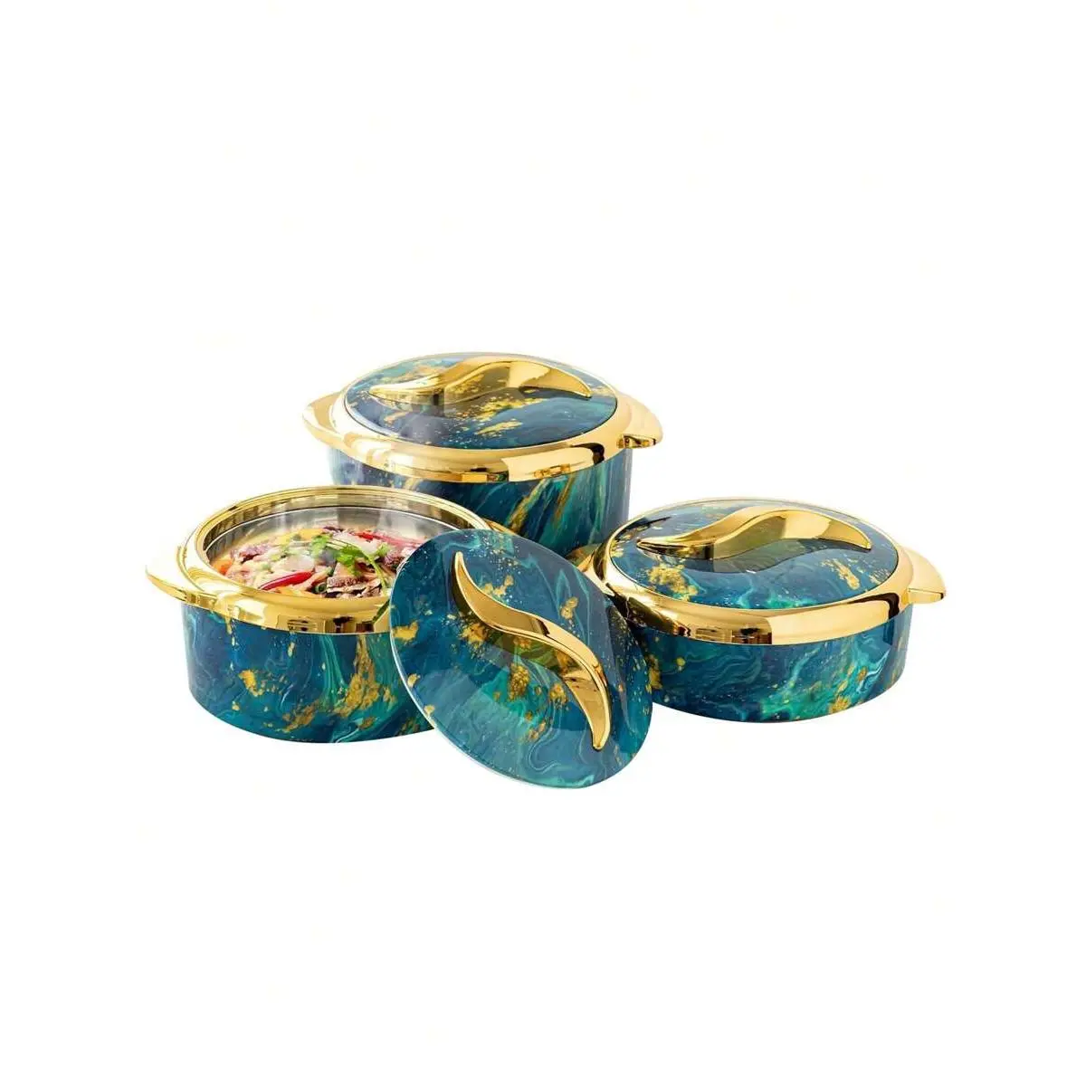 Luxury Blue 3-Piece Marble Insulated Food Pot Set - Double Stainless Steel Round Bowls with Gold Trim, Metal Storage Box, Home Organizer Kitchenware Tableware, Stainless Steel Bowls summerwins,summerwins