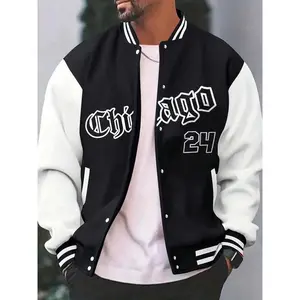 Unisex Men's Colorblock Letter & Number Print Varsity Jacket, Casual Street Striped Trim Long Sleeve Mock Neck Button Front Outerwear for Daily Wear, Menswear for All Seasons