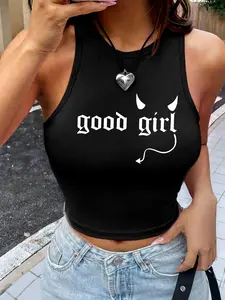 Good Girl Devil Horns Gothic Crop Racerback Tank Top, Y2K Sleeveless Slim Fit Casual Top for Alternative Streetwear