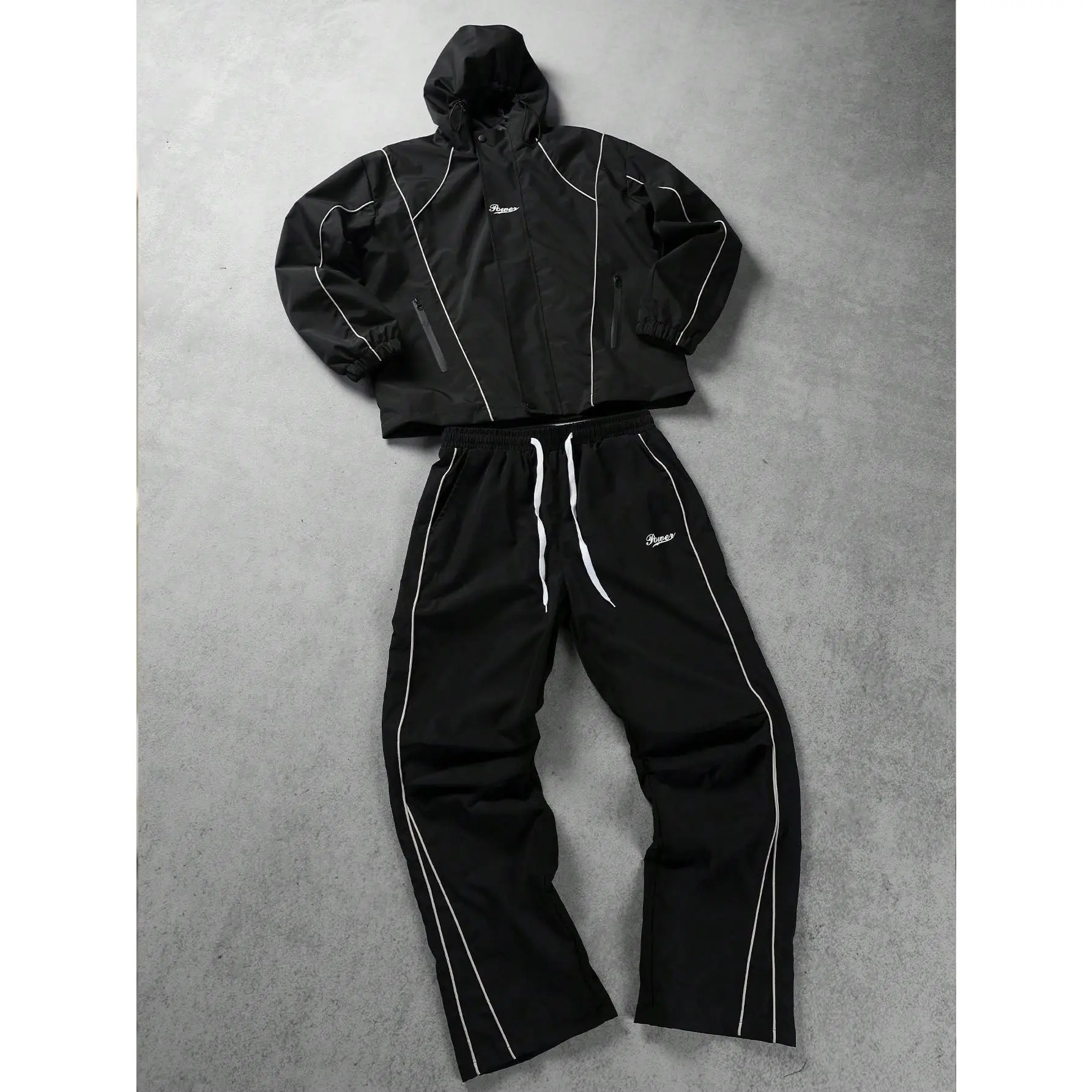 VIRAL Black Techwear Tracksuit Set | Y2K Reflective Piping Hooded