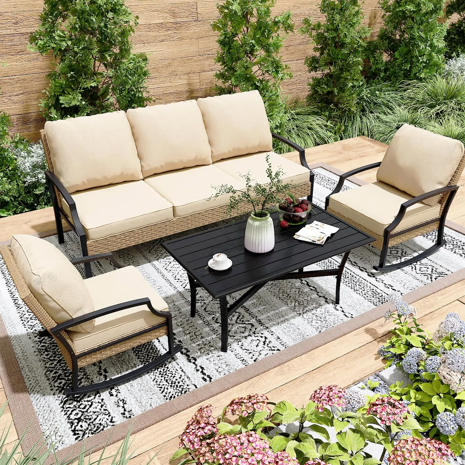 AECOJOY Outdoor Patio Furniture Set with Rocking Chair, Coffee Table, and All-Weather Wicker Construction for Waterproof Cushions and Modular Assembly
