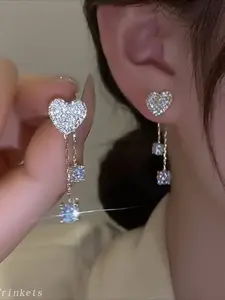 Gold full diamond heart tassel earrings, elegant and luxurious, with a high-end feel. These exquisite and fashionable stud earrings can be worn in front or back, and are versatile. Stud Earring Jewelry