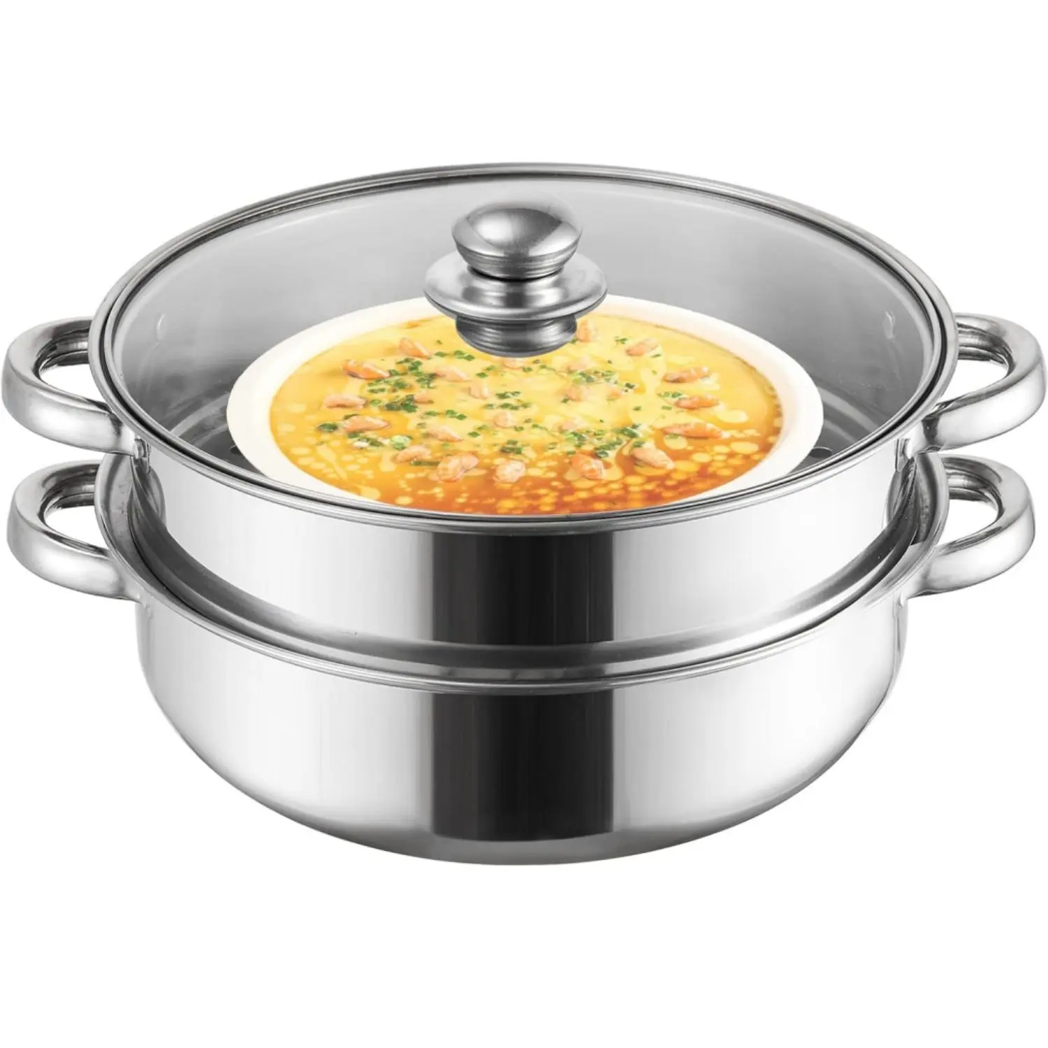 2-Tier Stainless Steel Steamer Pot with Lid – Multipurpose Steaming Pot with Handles for Vegetables, Dumplings & Food