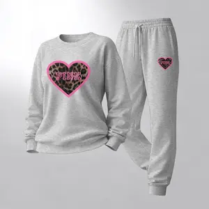Women's Leopard Print Heart Print Crewneck Sweatshirt and Drawstring Track Pants Set, Casual Sportswear, Long-Sleeve Round Neck Top and Pants, Suitable for Spring, Autumn and Winter, Everyday Wear