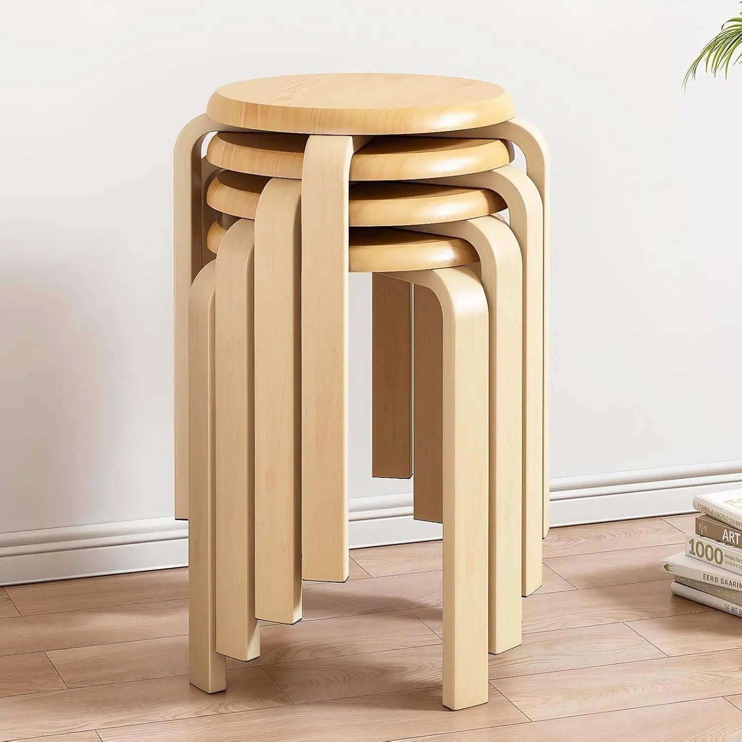 Natural Wooden Stackable Stools Set of 4, 18 Inch Round Nesting Wood Stools, Space-Saving Stools for Classroom, Kitchen, Dining Room, Living Room & Party