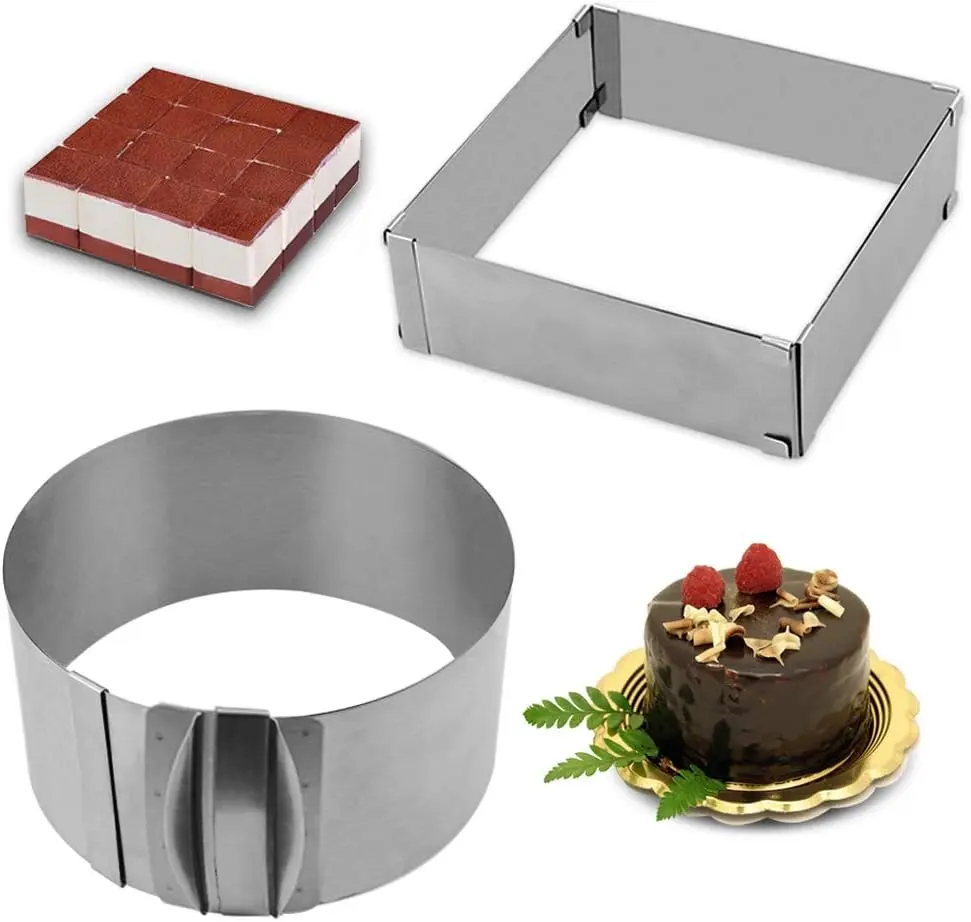 2Pcs Adjustable Stainless Steel Cake Ring - 6 to 12 Inch Mousse Cake Mold Ring with Scaling for Kitchen DIY Pastry (Square+Round) - Home Improvement.