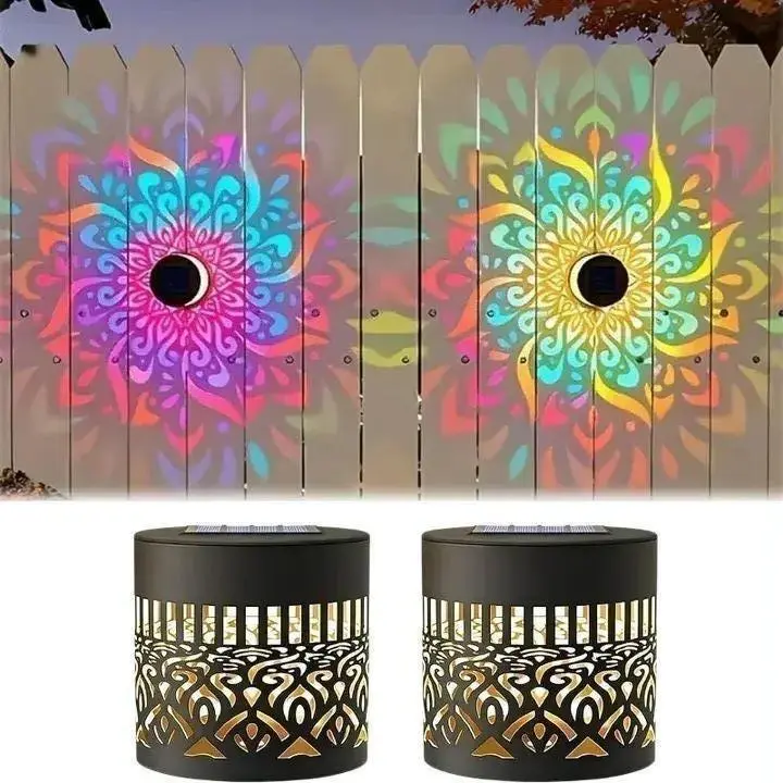2 Pack RGB Color-Changing Solar Fence Lights, Waterproof Metal Mandala Projection Wall Lights for Outdoor Steps, Decks, Fences, Gardens, Patios, Courtyards, Backyards and Landscape Decor