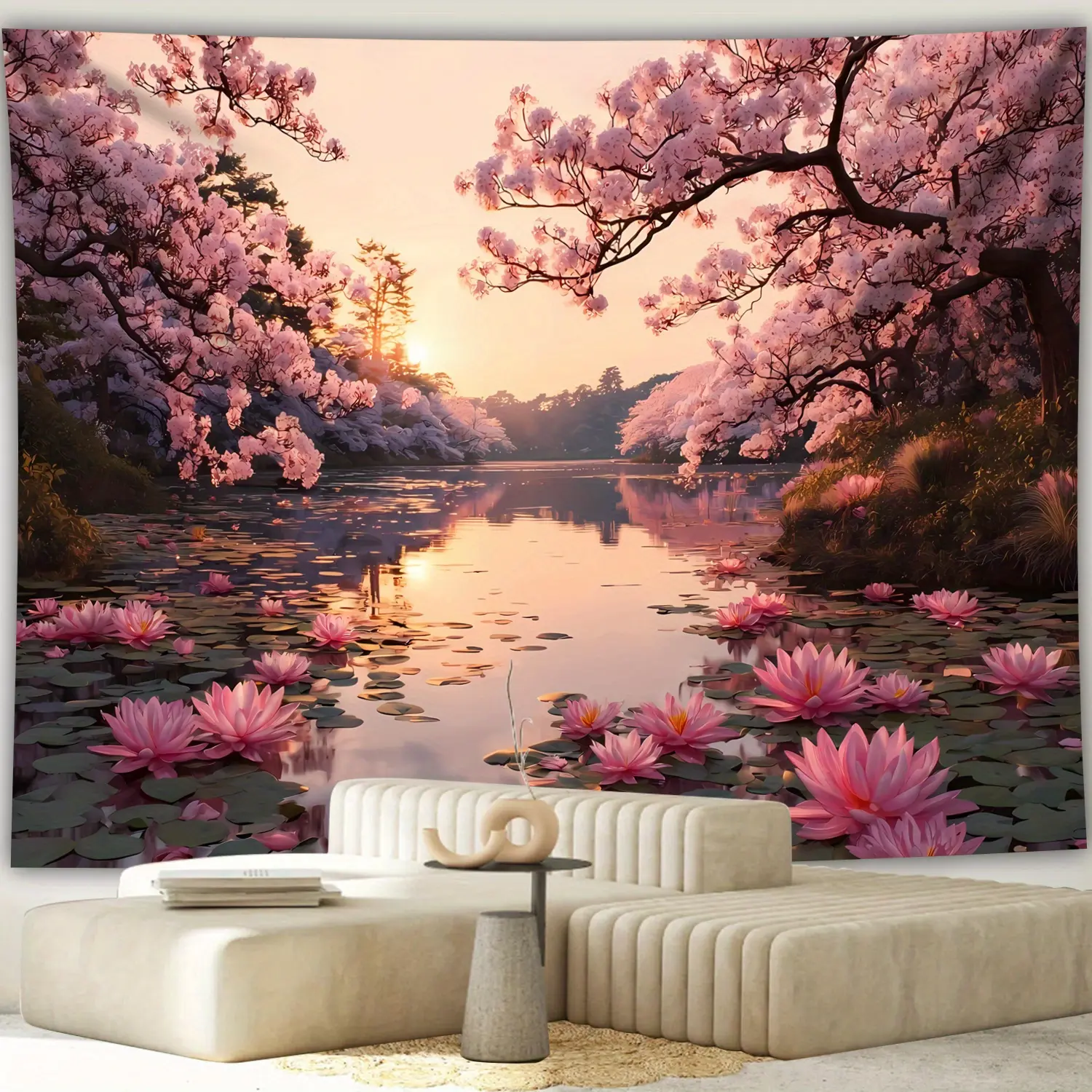 Lotus Cherry Blossom Lake Tapestry - Smooth, Lightweight Floral Nature Wall Hanging, Indoor Room Art for Engagement, Thanksgiving, Anniversary Party Decor, Business Event Backdrop & Living Room Bedroom Home Decor Print, Peach, Wrinkle Resistant