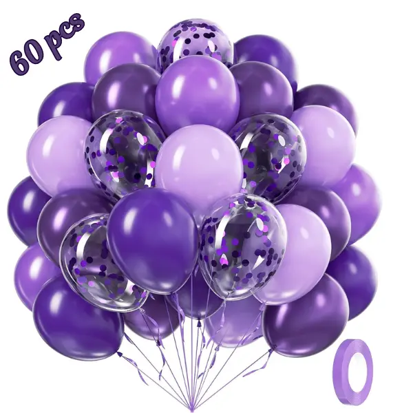 60 Pack Purple Balloons Garland Kit – 12 Inch Metallic, Pastel, Dark Purple & Confetti Balloons for Birthday Party, Baby Shower, Wedding, Bridal Shower & Event Decorations, Rubber, Balloon Decor