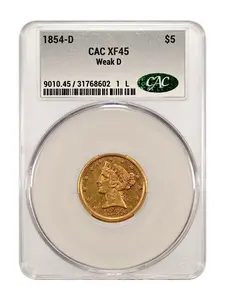 1854-D $5 Gold Liberty CAC XF45
