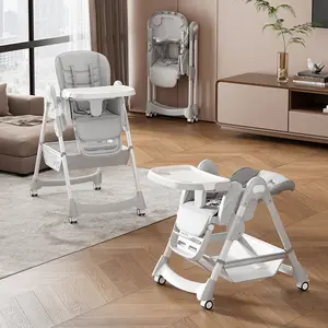 Foldable High Chair for Babies & Toddlers, PU Leather Highchair with Adjustable Backrest, Footrest, Seat Height, Removable Tray, 5-Point Safety Harness & Locking Wheels