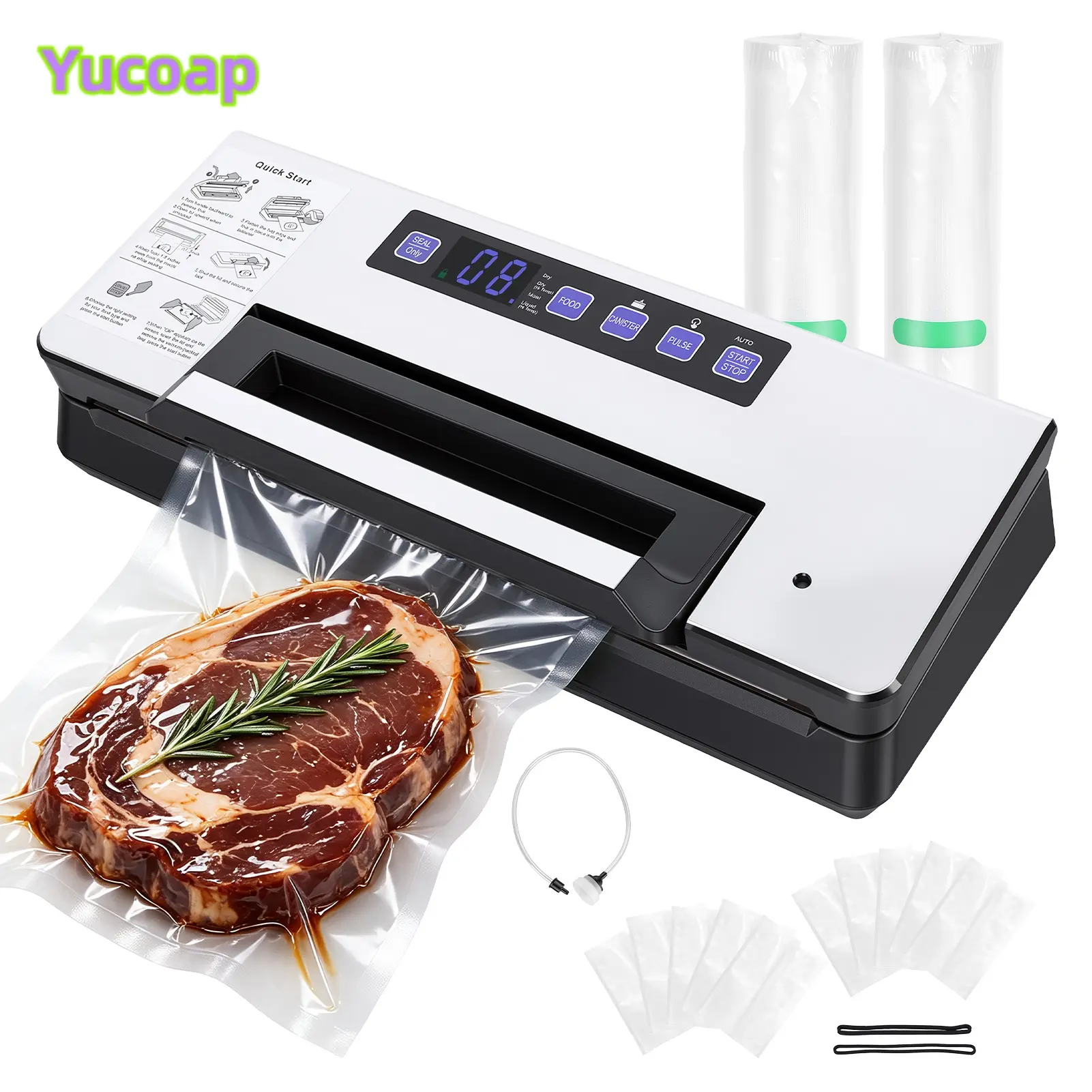 YUCOAP 9-in-1 Vacuum Sealer Machine, 145W 100kPa Automatic Food Sealer with Built-In Cutter, Bag Storage, 10 Vacuum Bags, 2 Bag Rolls and Vacuum Hose