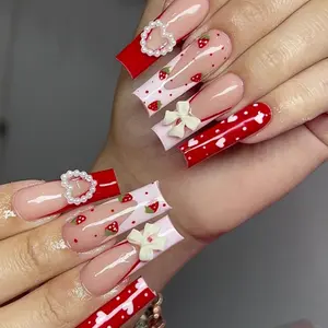 (Nail Art - Strawberry Bow) Long Length Long Water Pipe Fake Nails Square Head Nail Tips False Nail Girl(24 PCS)