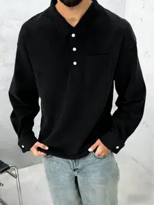 Men's Loose Corduroy Polo Shirt, Long Sleeve Half Button Pullover, Chest Pocket, Casual Vintage Top, Suitable for Spring Autumn Winter