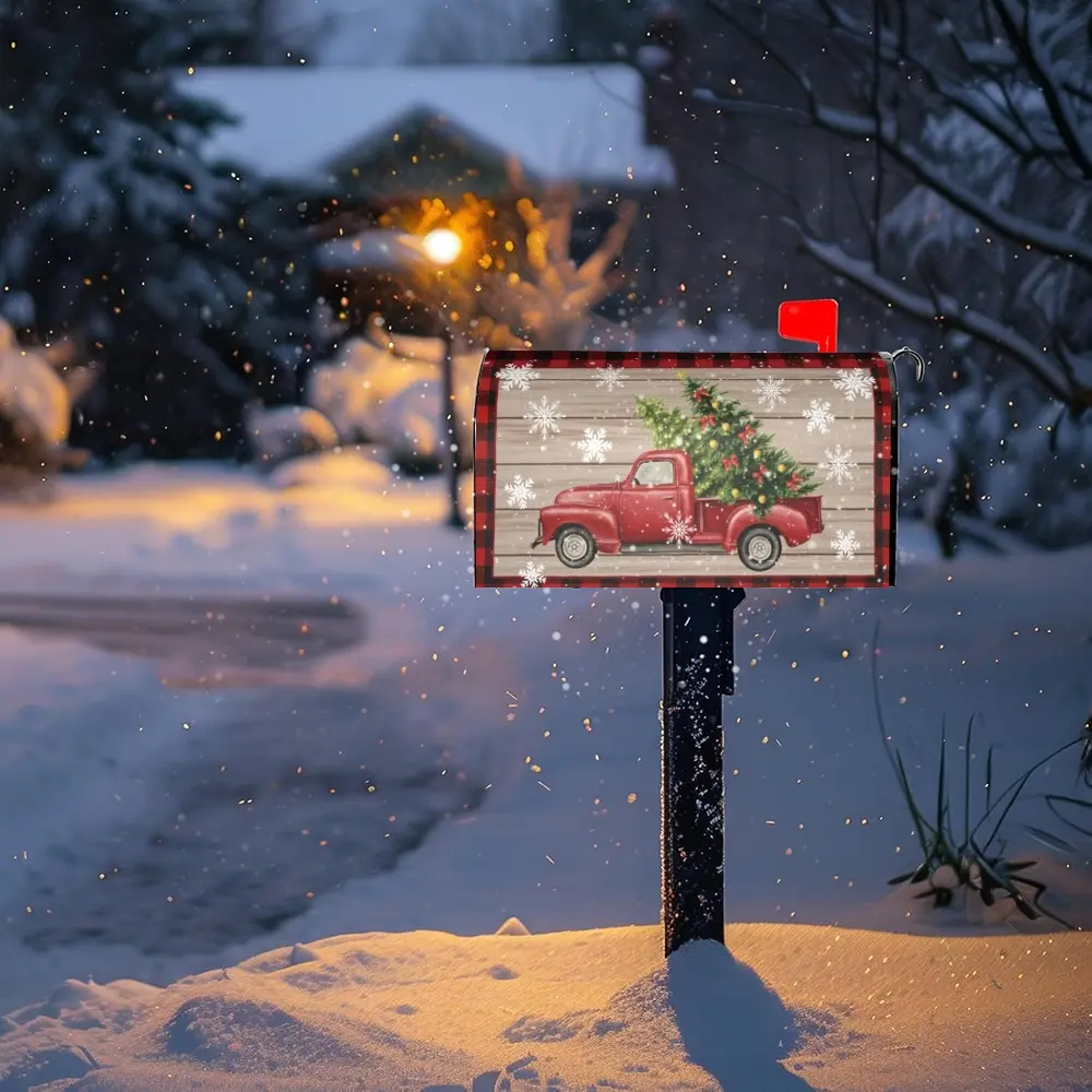 Festive Magnetic Christmas Mailbox Cover, Standard Size 18x21, Winter Snow Scene with Car Santa Tree and Snowflakes, Plaid Design