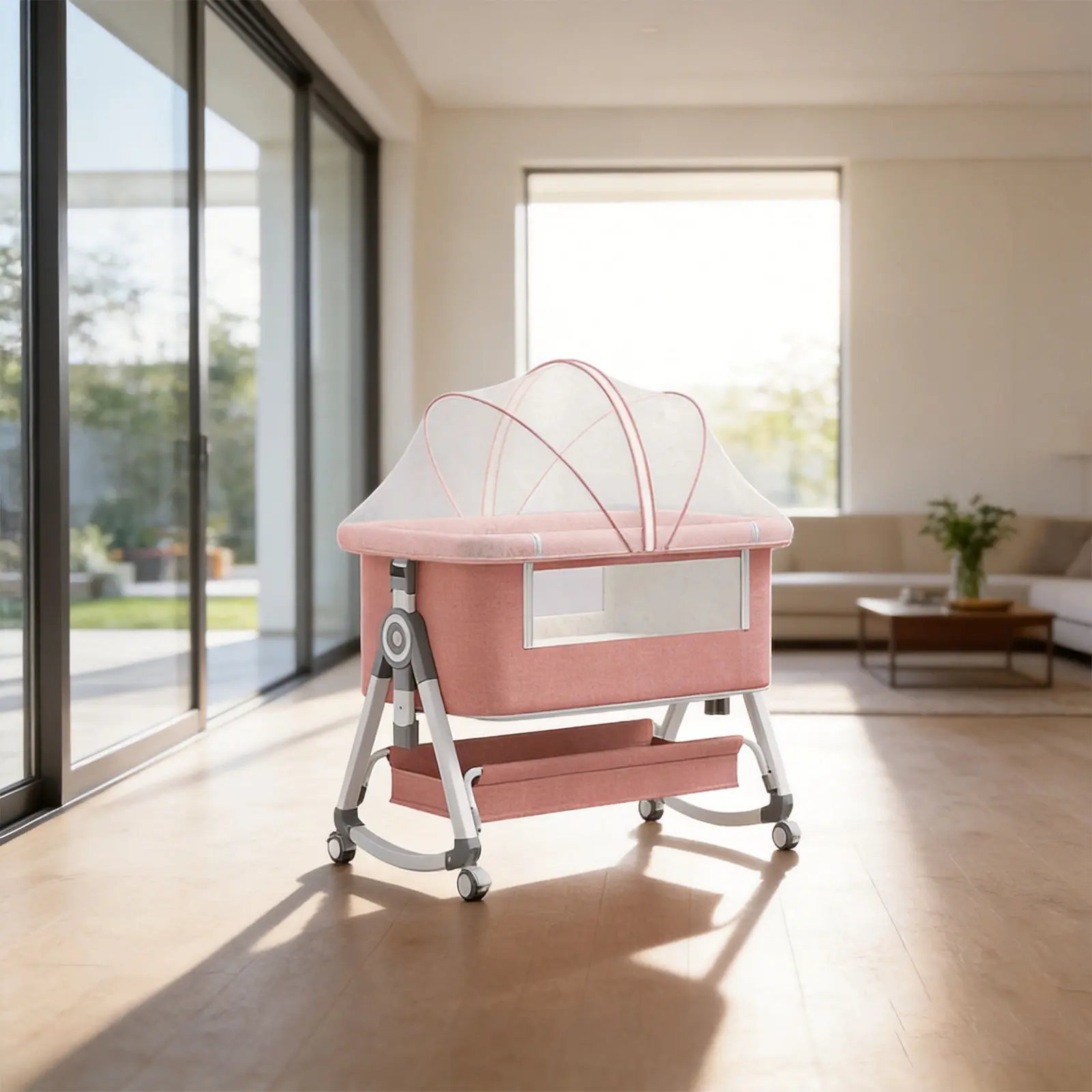 5 in 1 Baby Bassinet & Bedside Sleeper with Rocking Mode, Portable Crib for Newborn with Wheels, Foldable Bedside Crib for 6 Height Adjustable, Breathable Mesh, Soft Mattress, Storage Basket & Removable Mosquito Net