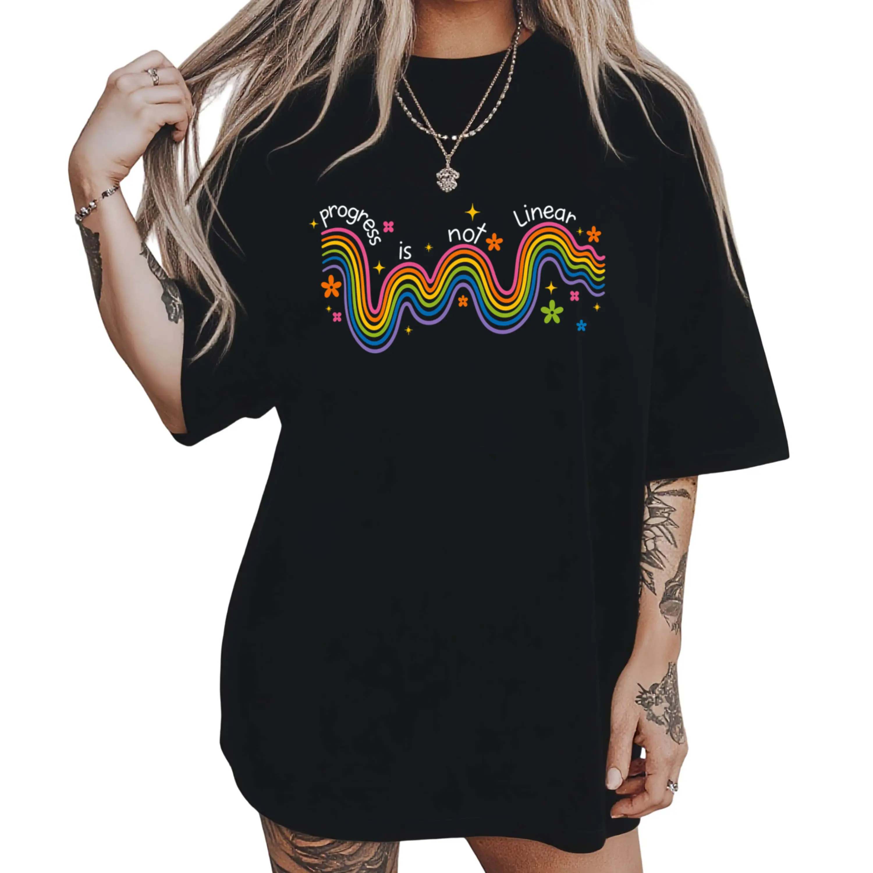 Women's Cotton "Progress Is Not Linear" Graphic Top - Mental Health Awareness Casual Garments, Everyday Prints, Counselor Gift T-Shirt