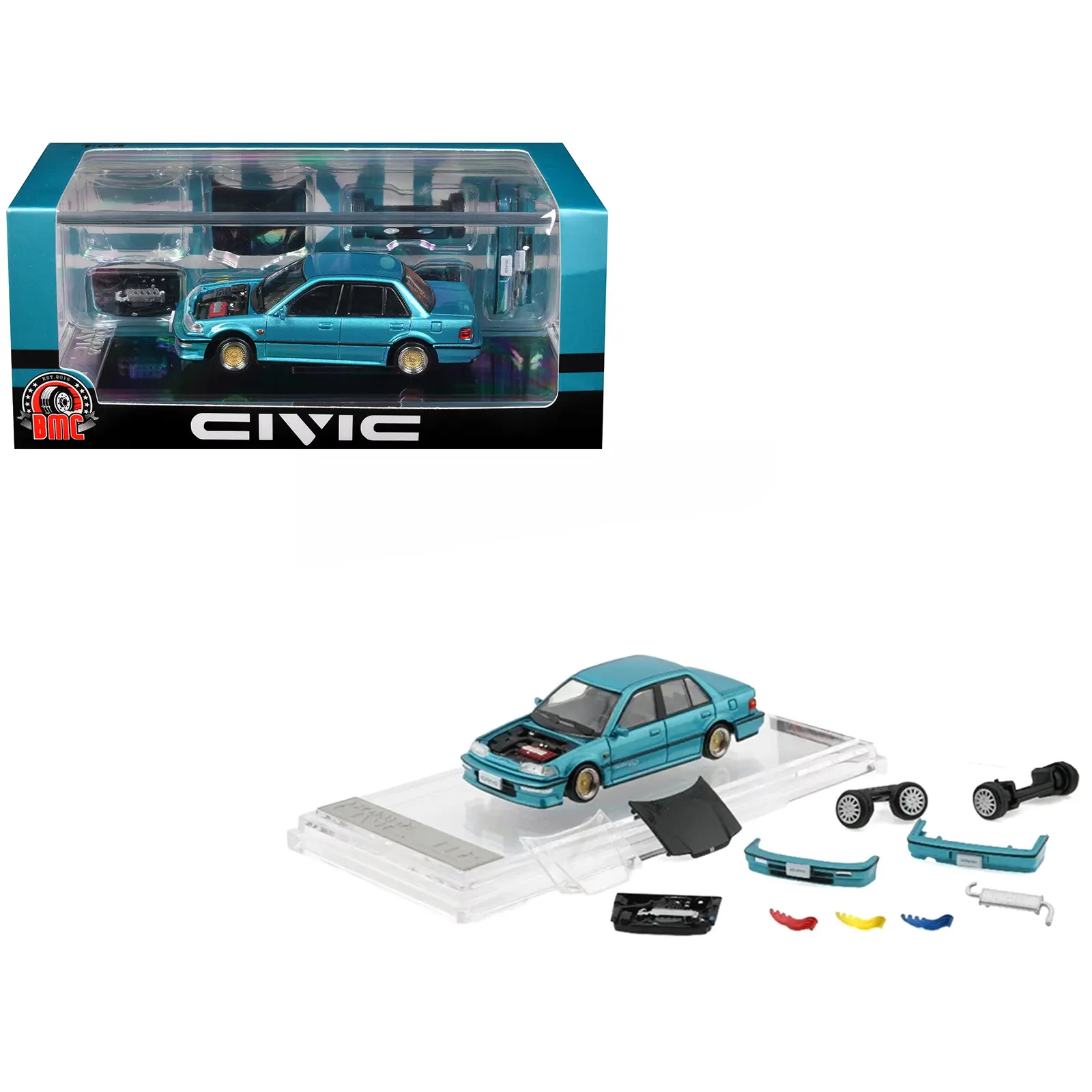 Honda Civic EF2 Custom Blue Metallic with Alternate Parts 1/64 Diecast Model Car by BM Creations