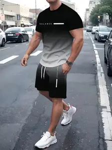 Men's Ombre Gradient Letter Signature 3D Print Round Neck Pullover T-Shirt + Drawstring Beach Shorts Set, Casual Short Sleeve Two-Piece Classic Menswear, Clothes, Top Shorts Set