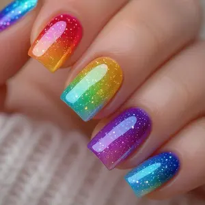 24 Pcs Rainbow Gradient Nail Tips, Short Square False Nails, Bright Colors, Nail Design, Suitable for Pride Events, Summer Outing, Parties, Daily Wear