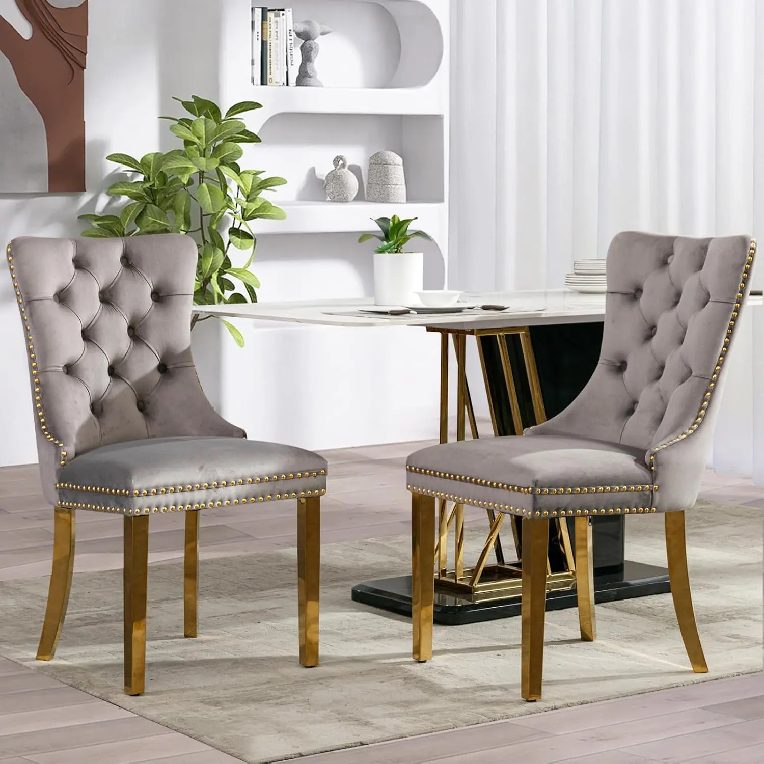 Velvet Dining Chair Set of 2, Upholstered Tufted Dining Room Chair with Nailhead Trim and Solid Gold/Sliver/Wood Plated Leg for Kitchen Durable Seating