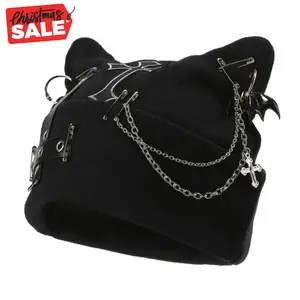 2025 Christmas gifts-Women’s Gothic Cat Ear Beanie with Punk Chain & Bat Charm, Y2K Grunge Winter Cap, Adjustable, Machine Washable, Black Streetwear Accessory girl  room  accessories i̇phone  16  pro  cases