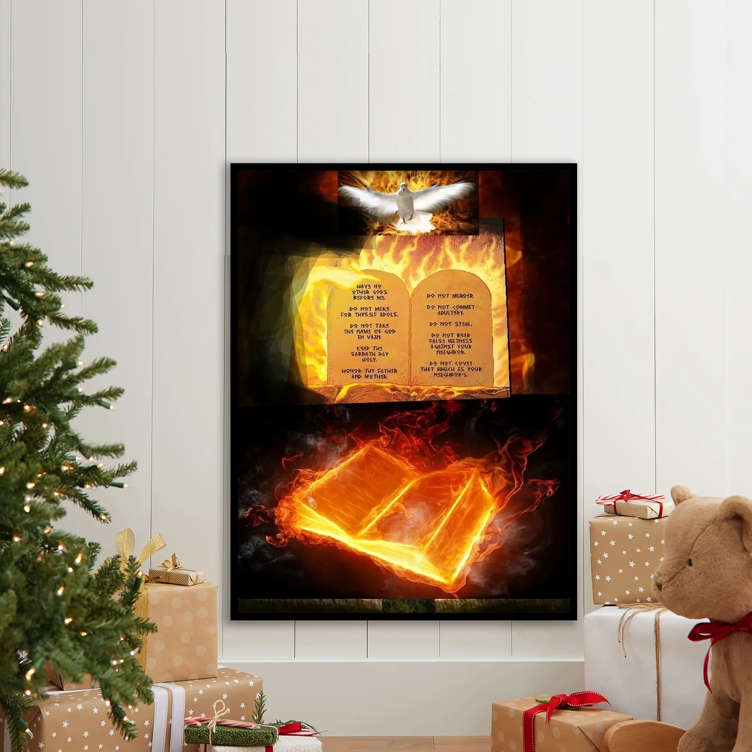 1 Piece Framed Ten Commandments and Burning Books Wall Art - Inspirational Wooden Oil with Sacred Fire Design, Perfect for Living Room, Bedroom, Office or Café Decoration, Holiday or Birthday Gift, College Style Room Decoration
