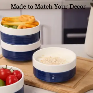 10 oz Stylish Lightweight Ceramic Tableware Set of 4 - White and Blue Bowls and Plates, Microwave-Safe, Dishwasher-Safe for Cereal, Ramen