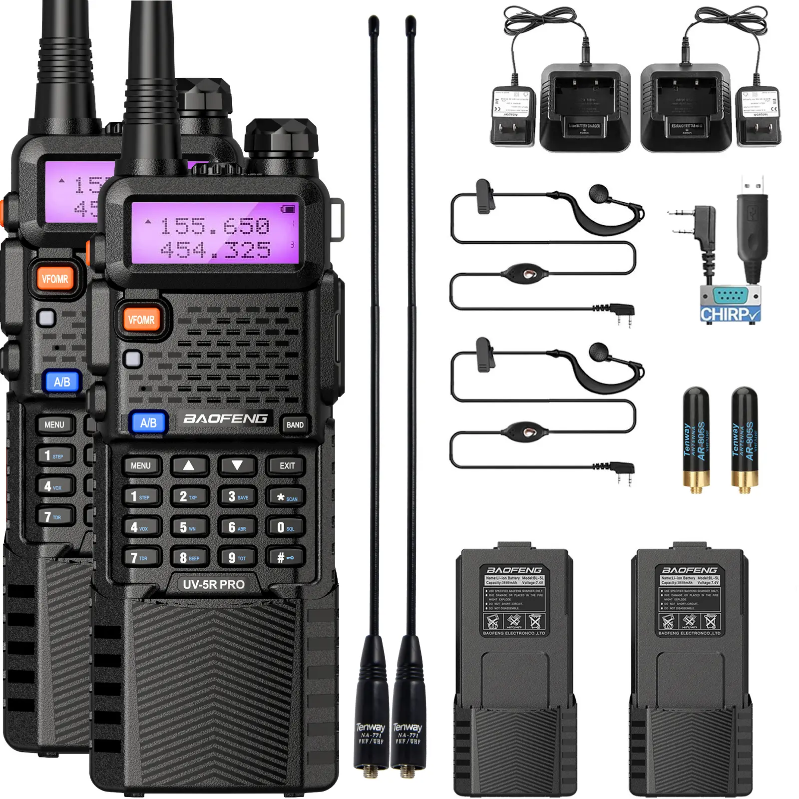 BAOFENG Radio de jamón UV-5R PRO de mano: radios de aficionado de 8 W de largo alcance UV5RPRO Radio 3800mAh Walkie Talkies recargable Radio de dos vías con cable de programación, antena táctica y auricular para equipo de supervivencia, paquete