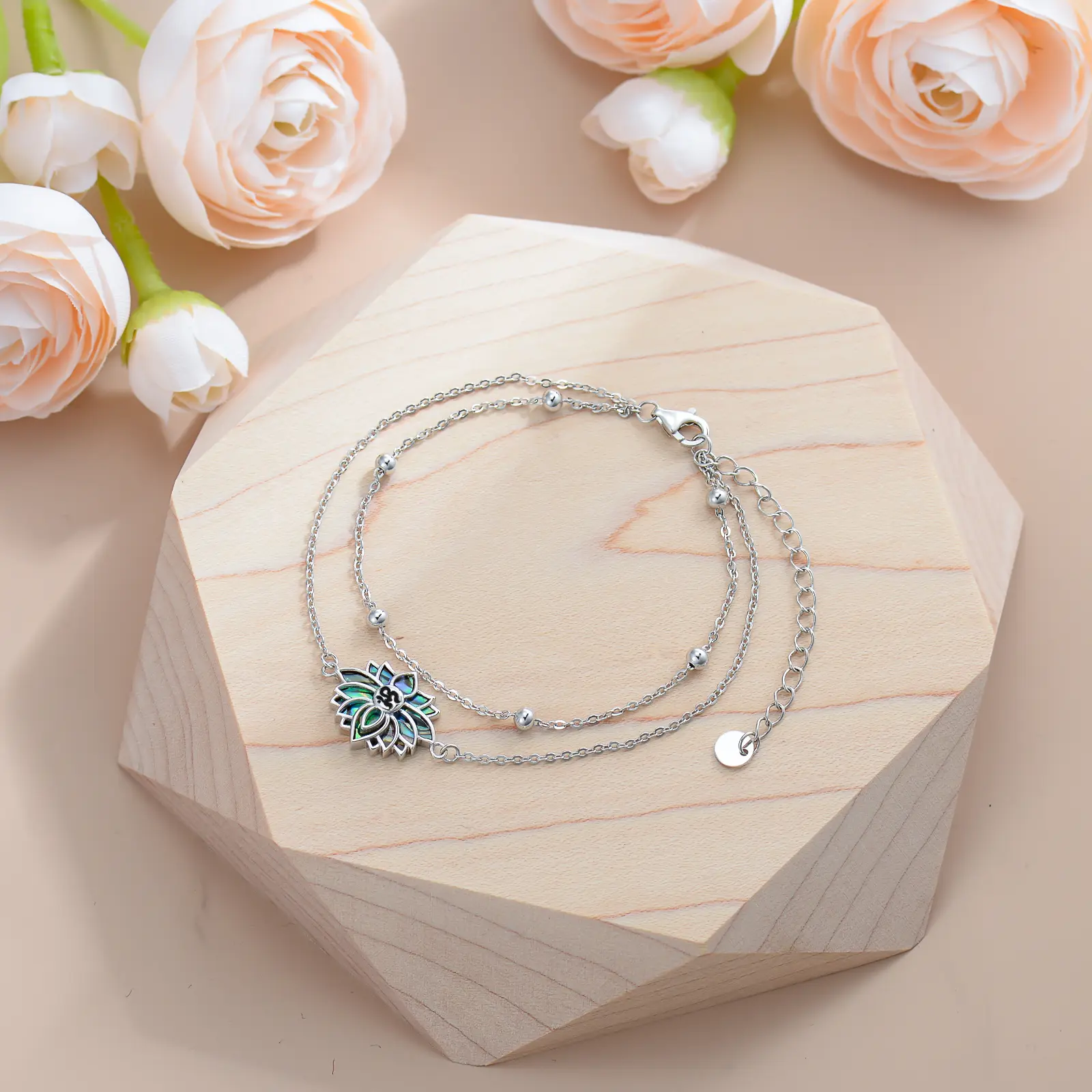 Women's 925 Sterling Silver Lotus OM Non-Natural Crystal Bracelet, Everyday Wear Jewelry, Ideal Gift for Women