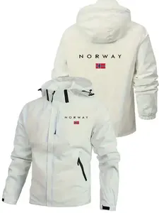 Men's Outdoor Windproof Waterproof Hooded Jacket, Spring Autumn Fashion Casual Outerwear, Loose-Fitting Geometric Pattern