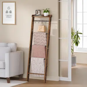 Blanket Ladder Shelf, Decorative Quilt Rack, 6-Tier Farmhouse Ladder Holder Organizer with 4 Removable Hooks 7.9" D x 17.3" W x 63.4" H, Rustic Brown BR35801B