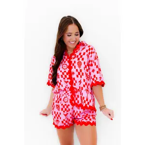 Paradise Check Rickrack Trim Blouse