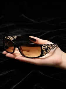 Unisex Bohemian Fashion Sunglasses, Stylish Glasses, Black Frame Brown Lens Rhinestone Shades, Vintage Pattern Detail Eyewear for Travel, Cycling, Driving, Vacation, Street Photos, Stage Performance, Parties and Daily Sun Wear