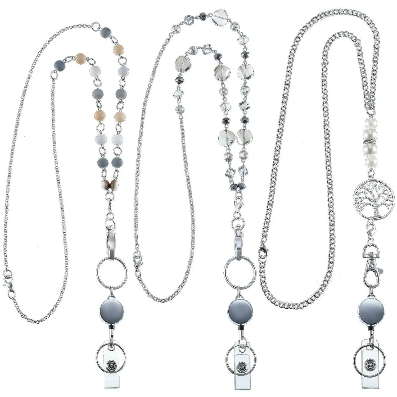 Women's Badge Lanyard Necklaces (3-Pack) - Chic Beaded Stainless Steel Alloy Chains, Retractable Keychain Badge Reel, Removable Cardholder & Phone Holder, 33.9in Fashion Accessories for Office, Casual Use, Birthdays, Christmas, Valentine's Day, Adults