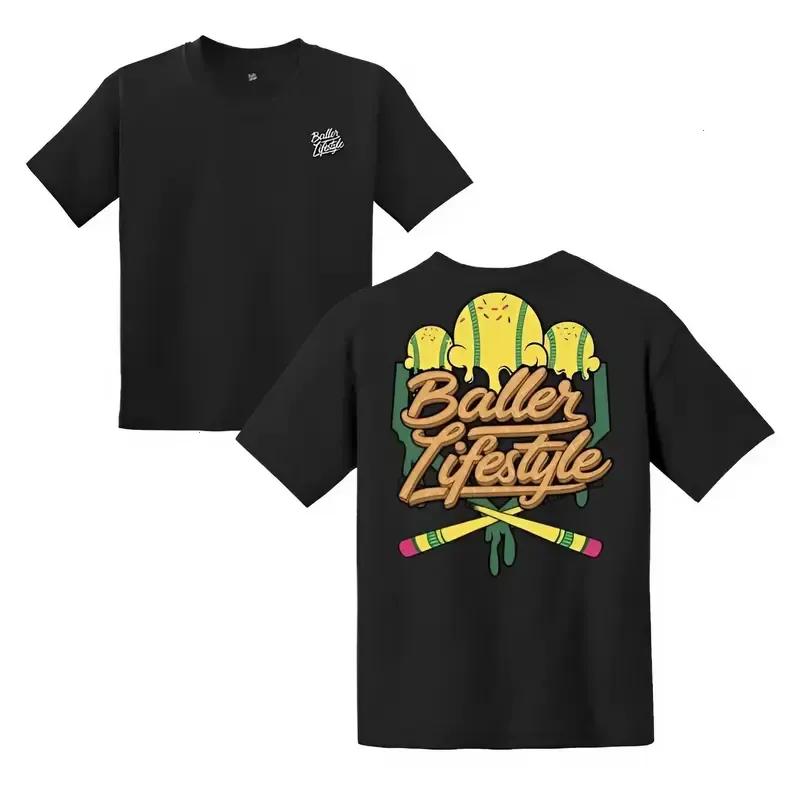 Unisex Fitted Cotton Shortleeve Everyday Top, Baseball-Themed Graphic T-Shirt with Ice Cream Baseball and Crossed Bats Illustration, “Baller Lifestyle” Script on Back and Small Logo on Chest – KitchenEra