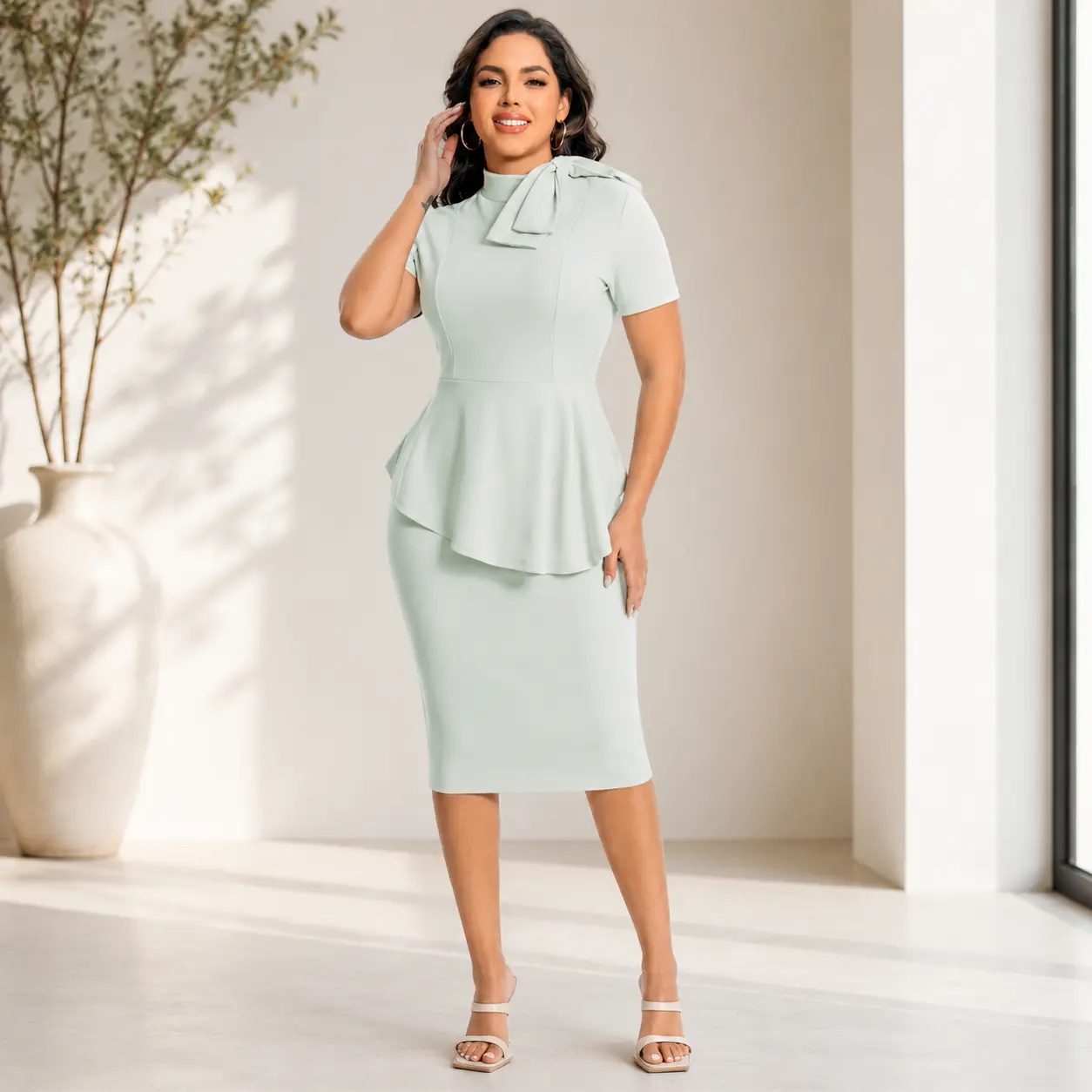 Women's Short-Sleeve Crew Neck Round Neck Bodycon Dress - Sexy Stylish Slanted Bow, Breathable Soft Comfortable, Basic Chic Minimalist Elegant Formal Wear for Work Day Events, Workwear