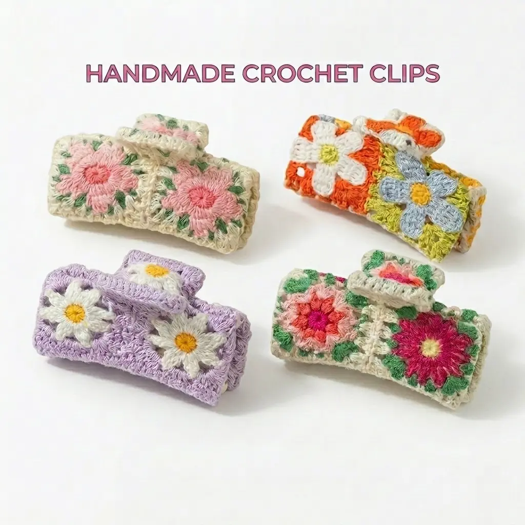 Elegant Crochet Floral Hair Claw Clips Handmade Knitted Daisy Flower Shark Clip Bohemian Beach Vacation Hair Barrettes For Women