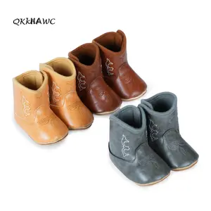 Cowboy style baby boots suitable for newborns and toddlers (0-18M), embroidered synthetic leather soft soled anti slip walking shoes