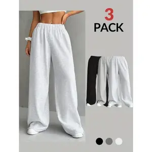 3-Pack Elegant Women's Casual Wide Leg Sweatpants, Polyester Knit Sweatpants For Fall And Winter, Solid Color, Adult FitGift