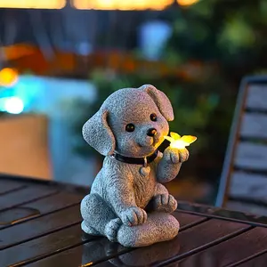 Solar LED Cute Dog Statue Light, Outdoor Garden Villa Decoration, Glowing Butterfly, Perfect Unique Gift for Yard, Garden, Pathway, Indoor Tabletop