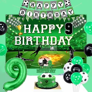 1Set Soccer 9th Birthday Decorations for Boys 9th Birthday Balloons for Boys Happy Birthday Backdrop Cake Topper Banner Green Number 9 Trophy Soccer Foil Balloon for Boys Sports Theme Party