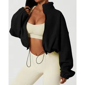 Women's Stand Collar Polar Fleece Jacket Relax Fit Baggy Winter Short Coat Long Sleeve Warm Crop Outwear Casual Fabric Womenswear Comfortable Fitted Day
