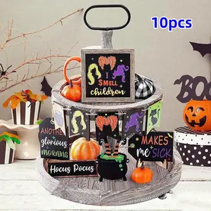10 Piece Halloween Witch Tiered Tray Decor Set, Rustic Farmhouse Wooden Decorations for Party and Room, Mini Witch Broom Hat Bat Signs