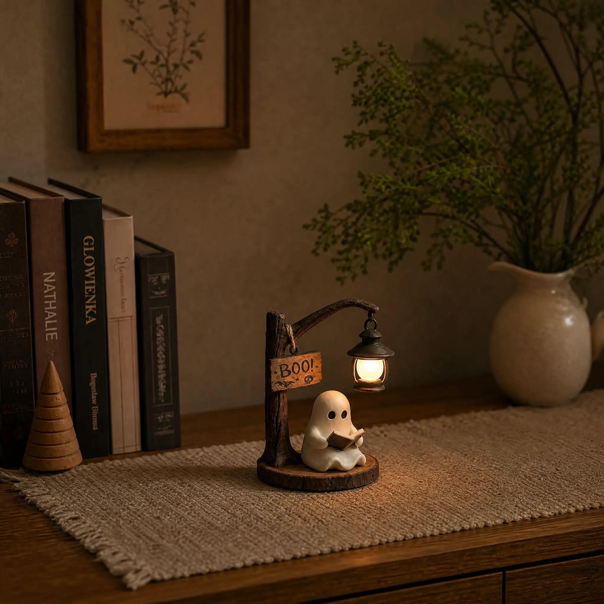 Cute Reading Ghost Ornament with Lantern, Halloween Festive Home Decorative Light