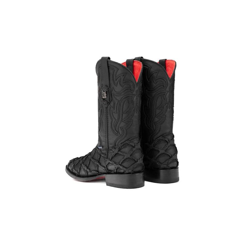 Bruce Shelby Pirarucu Red Bottom Square Toe Cowboy Boot - Matte Black